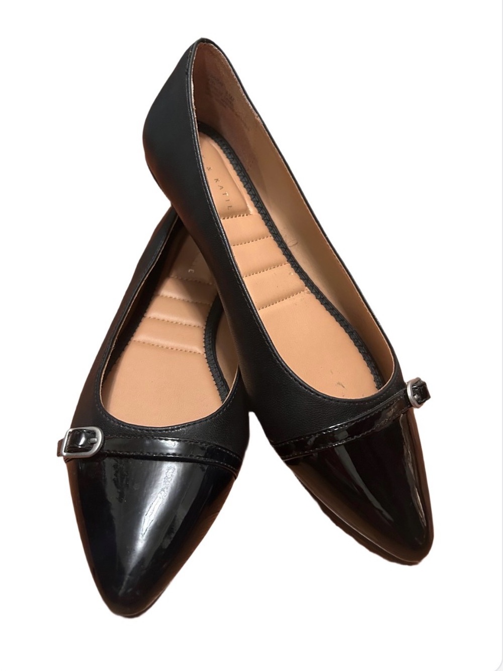 Women’s Black Pointed Toe Ballet Flats with Buckle Accent